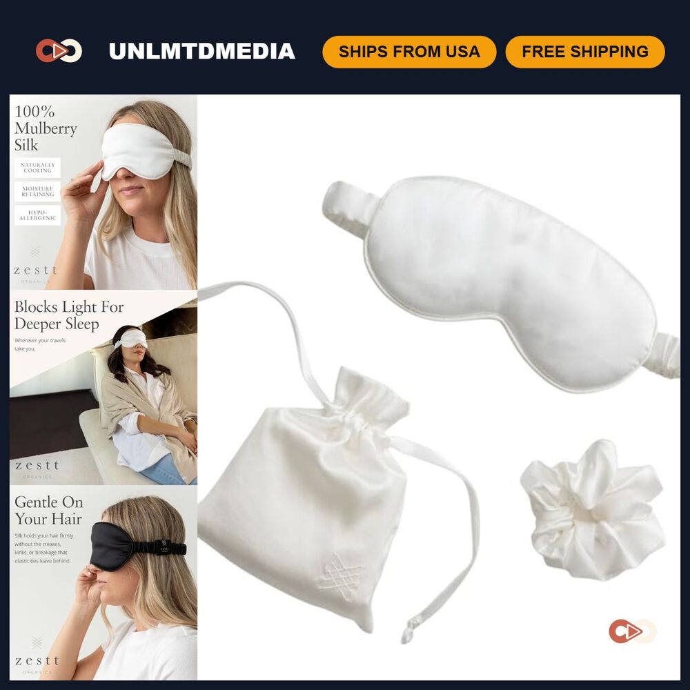 100% Mulberry Silk Sleep Mask Set for Women - Eye Mask, Hair Scrunchie & Bag